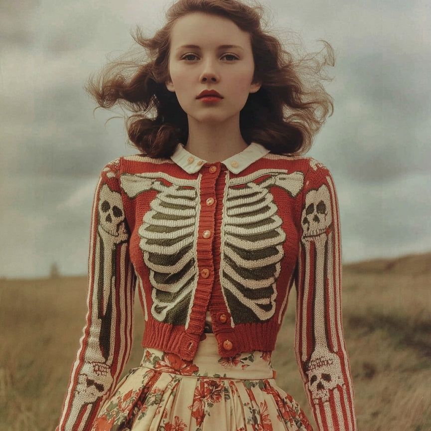 Women's Vintage Skull Ribs Pattern Knit Sweater Cardigan artswardrobe