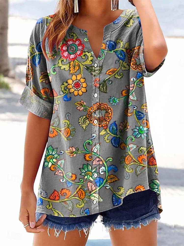Women's Vintage Floral Pattern Art Print Casual Cotton Linen Shirt
