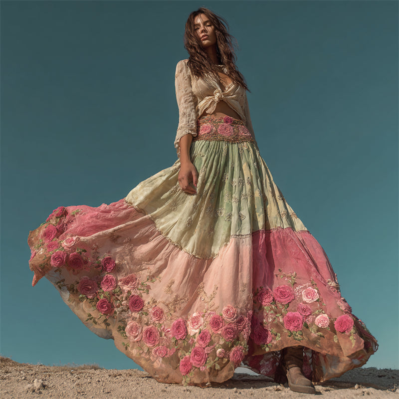 Vintage Pink Rose Embroidered Patchwork Flowy Linen Wide Skirt artswardrobe