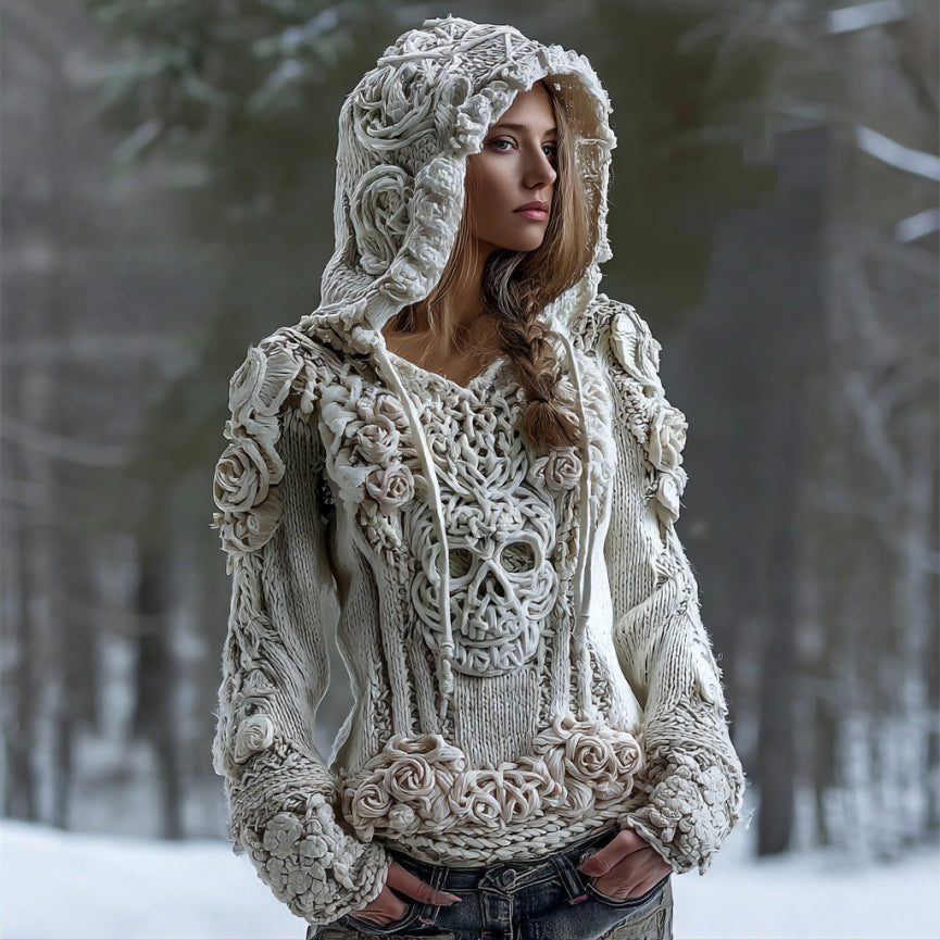 Women's Skull Flower Celtic Knot Knit Hooded Sweater artswardrobe