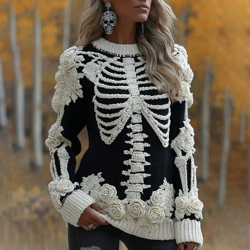 Women's Halloween Skeleton Bones With Roses Art Knitted Warm Sweater artswardrobe