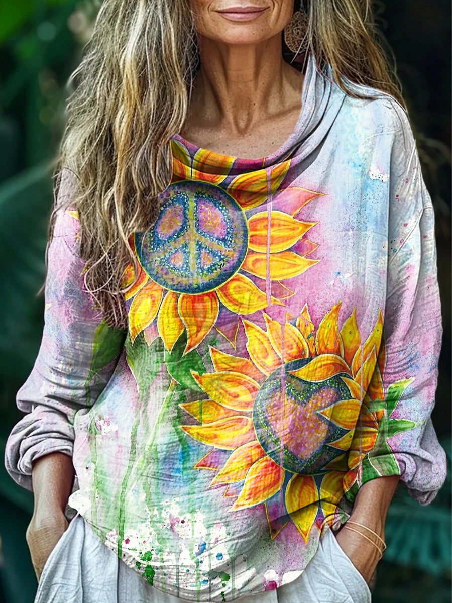 Women's Hippie Sunfloral Art Print Casual Long Sleeve Comfortable Cott