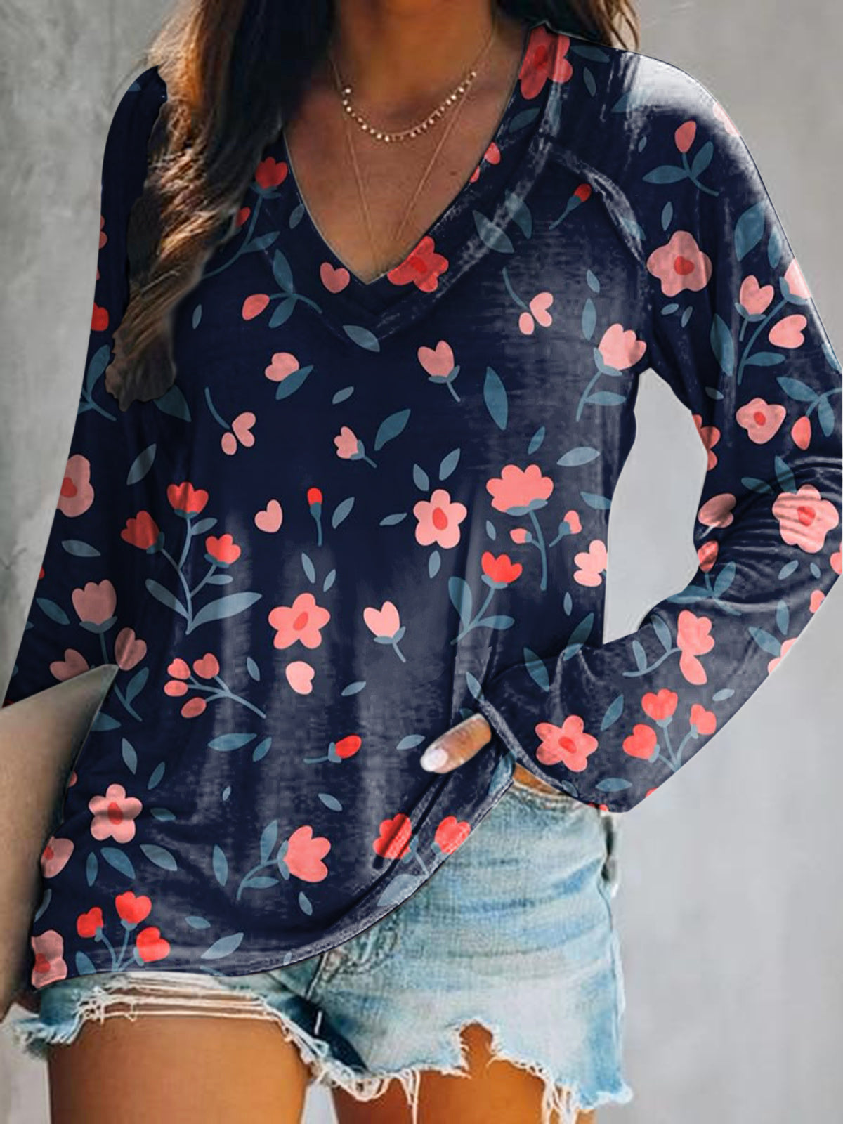 Women's Casual Vintage Floral Art Print V Neck Long Sleeve Tops
