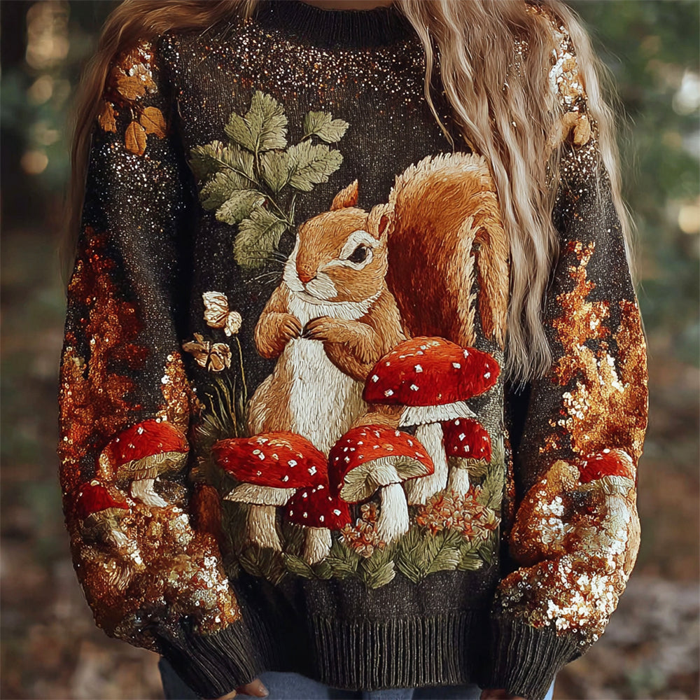 Vintage Squirrel & Mushroom Embroidered Women's Knitted Sweater elevenforest