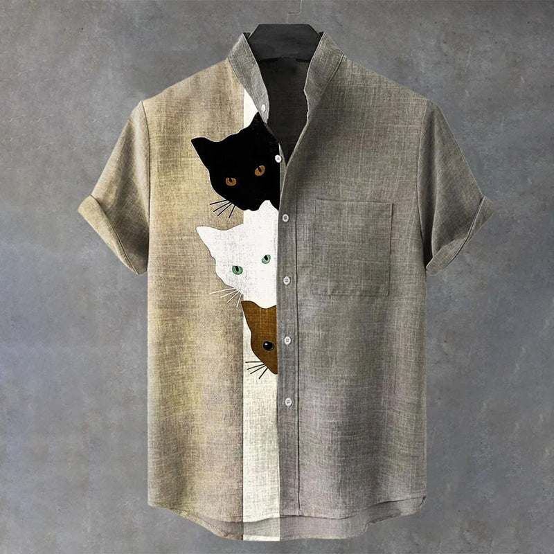 Vintage Funny Black Cat Art Print Casual Cotton Shirt elevenforest