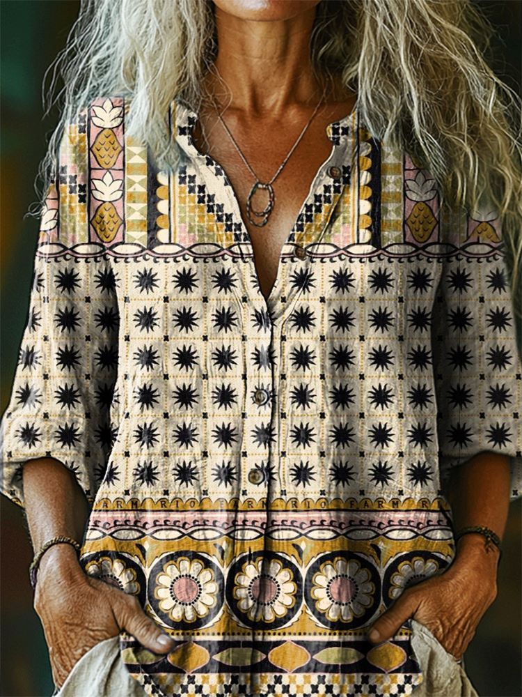 Women's Vintage Ethnic Tattoo Pattern Art Print Linen Cotton Casual Sh