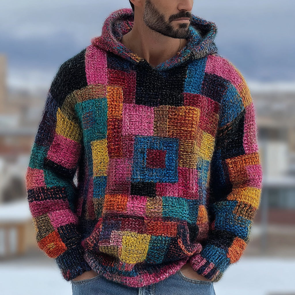 Men's Retro Geometric Knit Warm Hooded Sweater artswardrobe