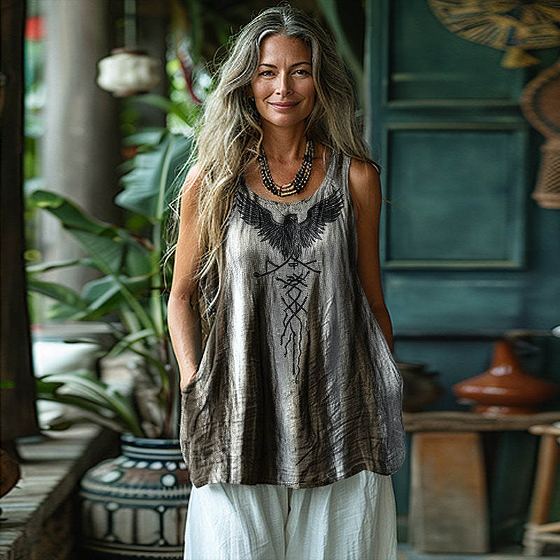 Women's Vintage Viking Raven Rune Print Cotton And Linen Vest artswardrobe