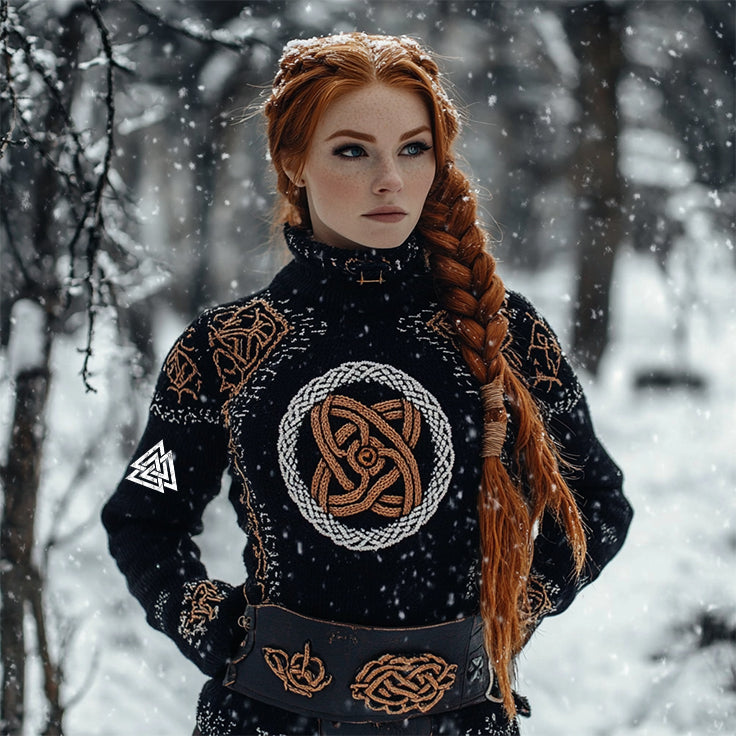Women's Viking Tribal Jacquard Celtic Style Knitted Turtleneck Sweater artswardrobe