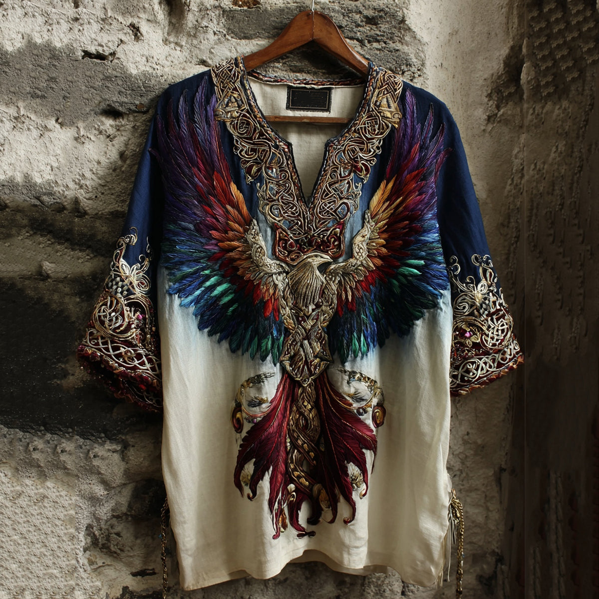 Comstylish Women's Viking Celtic Knot Phoenix Totem Gradient Linen Shirt