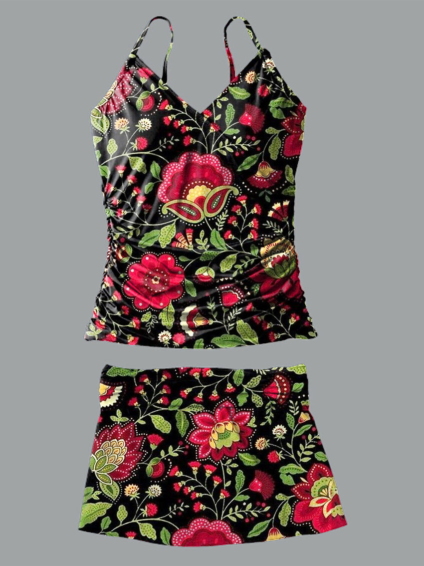 Retro Flower V-Neck Vintage Flowers Print Suspender Skirt Tankini Pantskirt Set Swimsuit