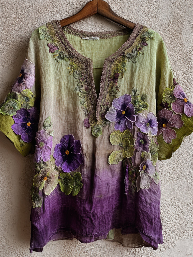 Pansy Floral Embroidered Forest Gradient Flowy Linen Shirt artswardrobe