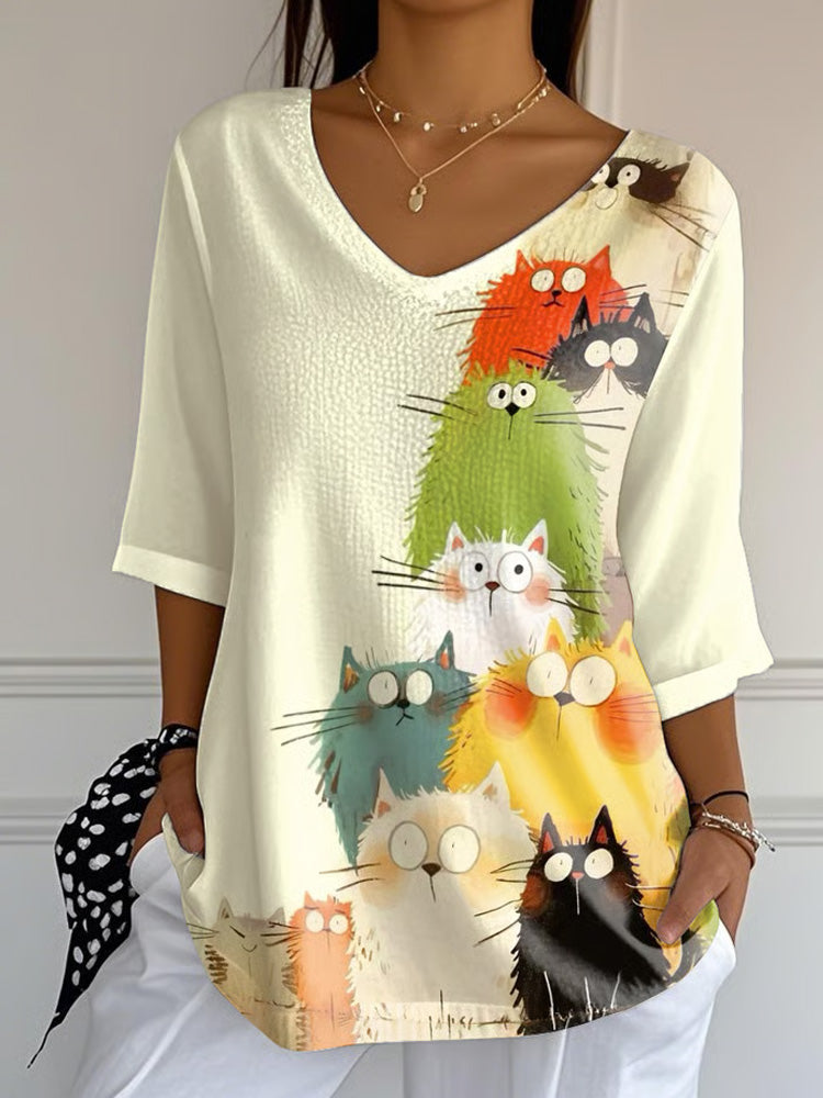 Comstylish Women's Casual Doodle Cute Cats V Neck T-shirt