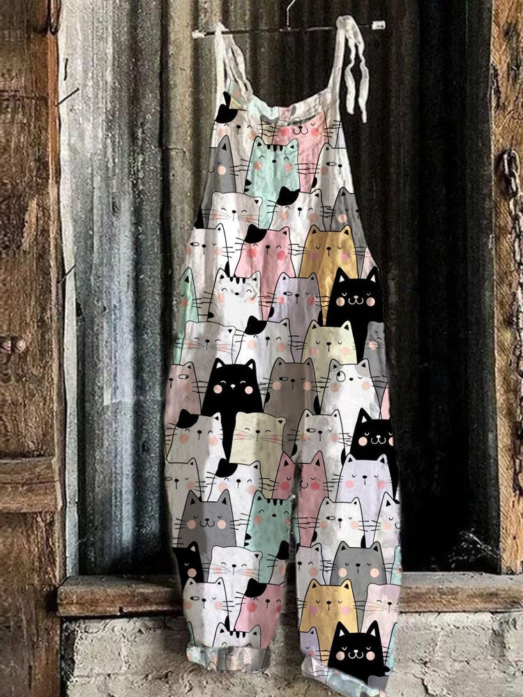 Cartoon Cat Print Loose Casual Jumpsuit elevenforest