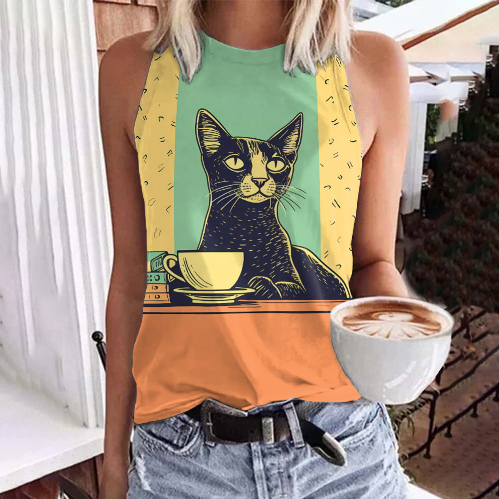 Cat Coffee Art Print Sleeveless Tank Top elevenforest