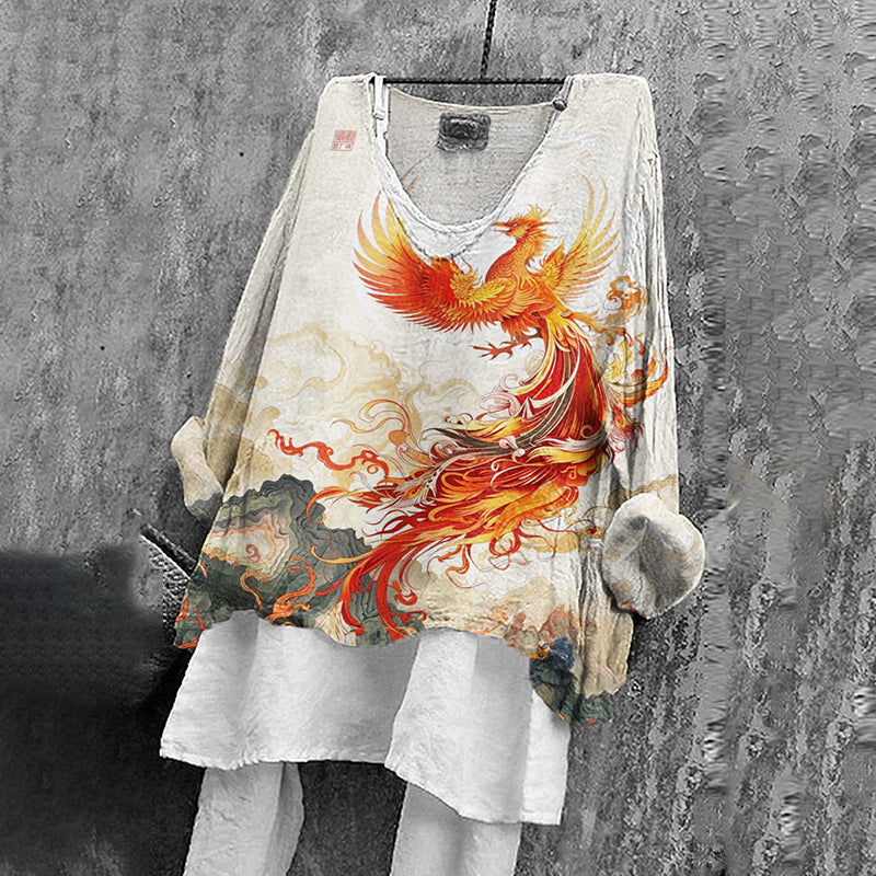 Comstylish Japanese Style Flying Phoenix Art Pattern Linen V-neck Shirt