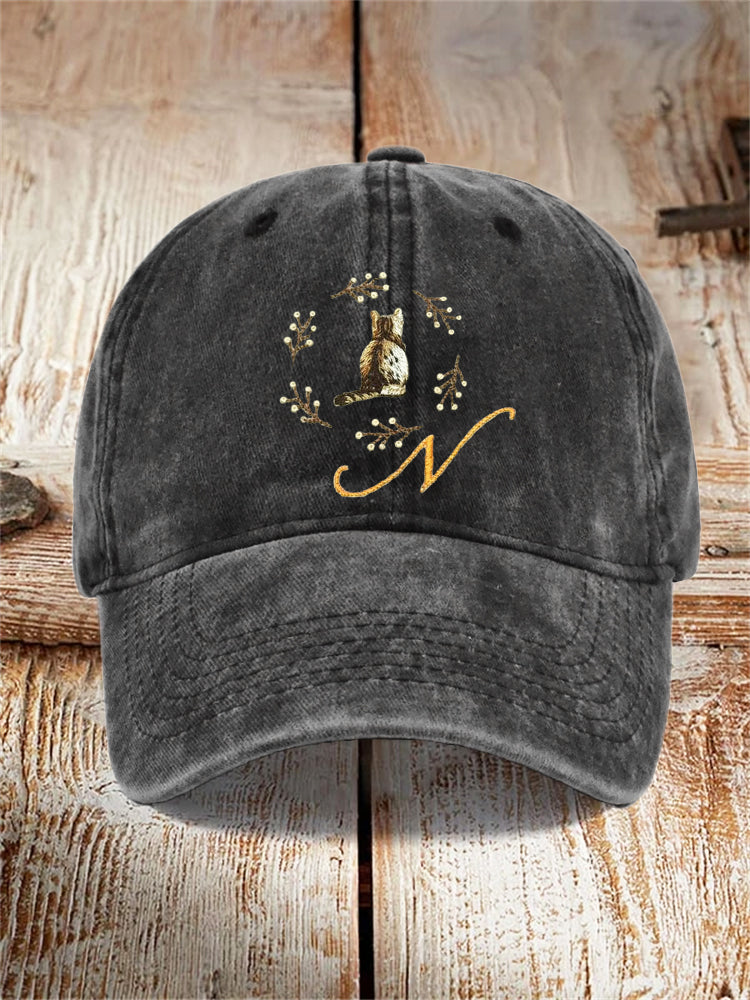 Cat & Monogram Print Embroidery Washed Hat elevenforest