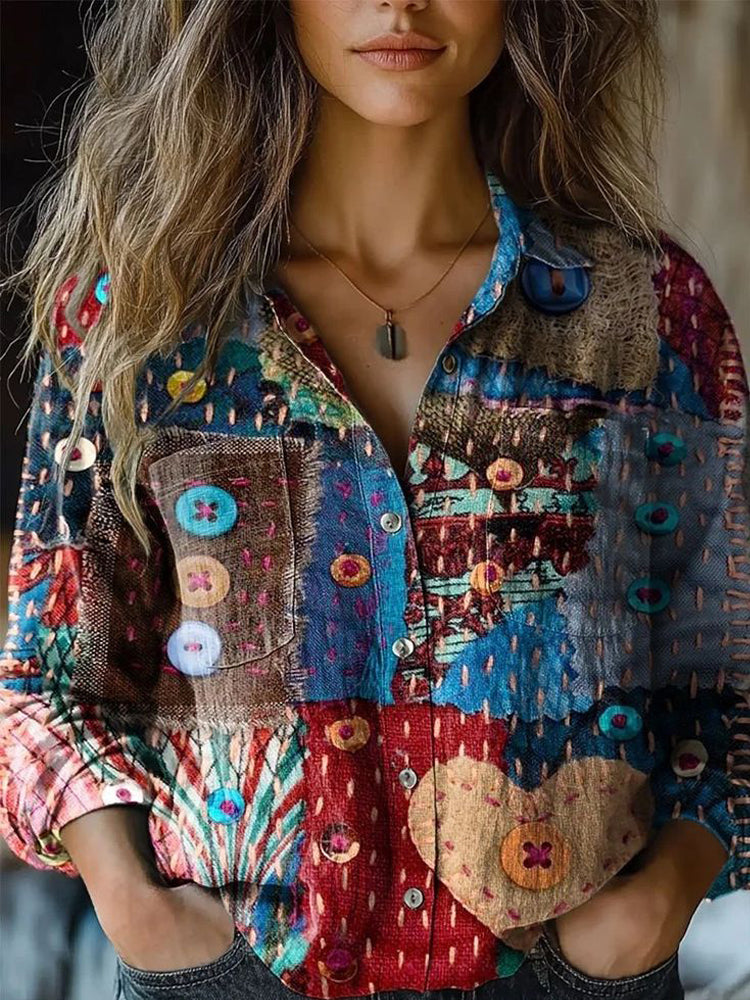 Stitch Geometric Pattern Women's Linen Long Sleeve Shirt artswardrobe