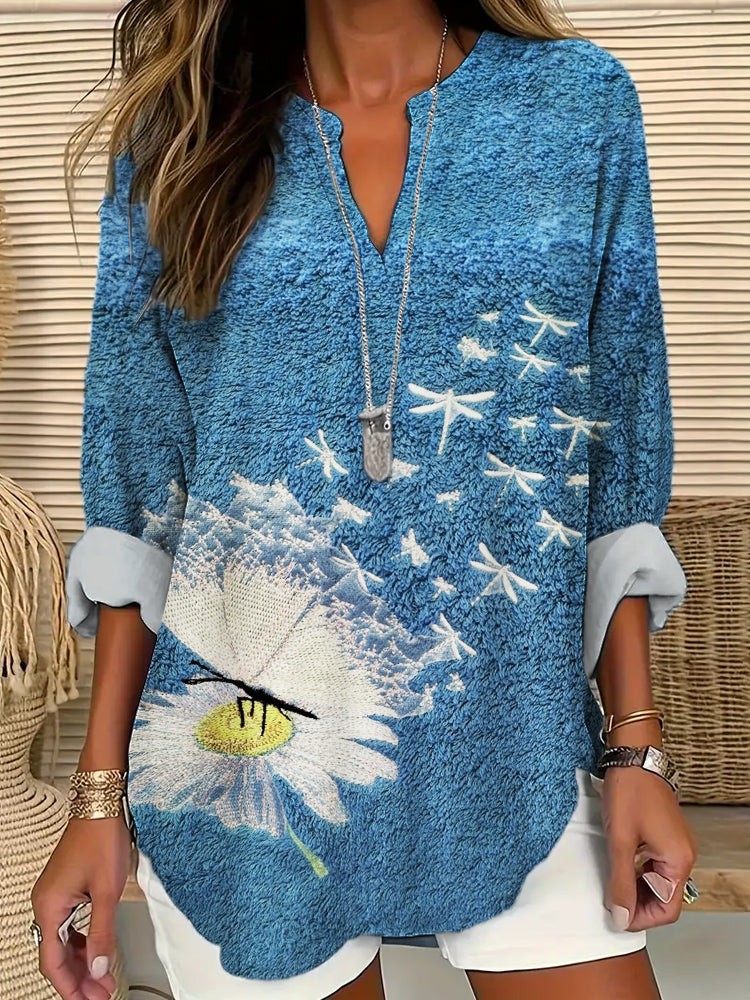 Flying Dragonfly Embroidery Women's Long Sleeve V-Neck Shirt artswardrobe