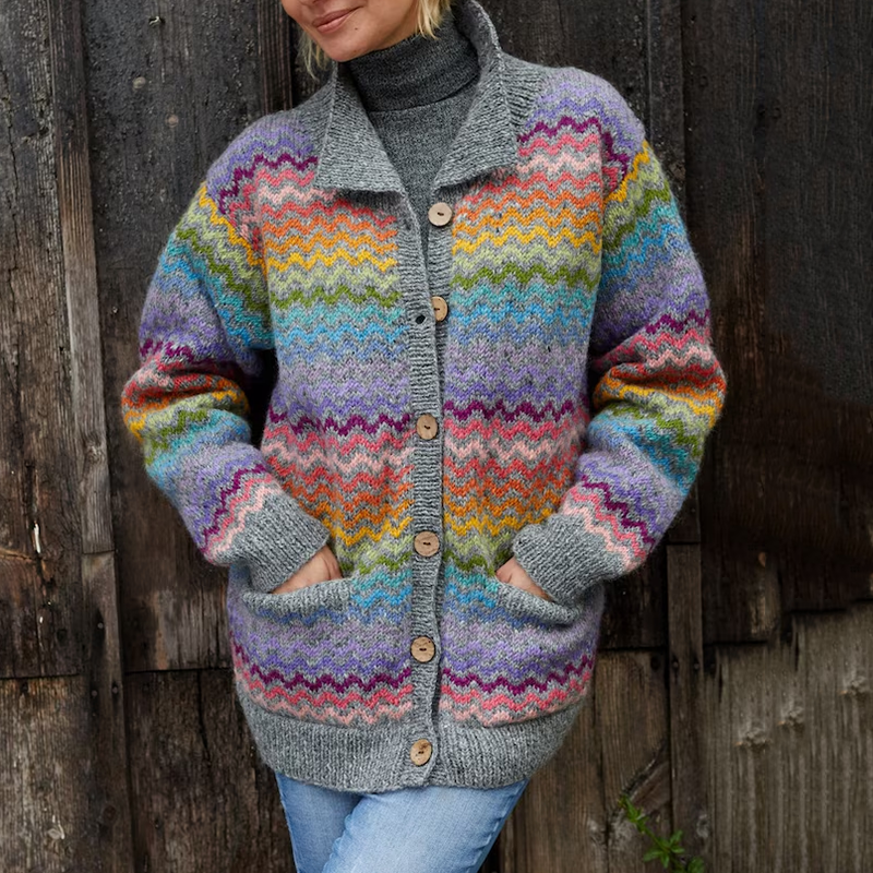 Vintage Warmth Rainbow Bright Colours Jacquard Sweater Cozy Knit Lapel Cardigan elevenforest