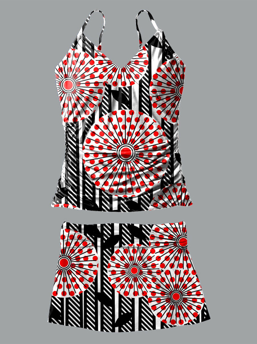 Colorful Flower V-Neck Vintage Flowers Print Suspender Skirt Tankini Pantskirt Set Swimsuit