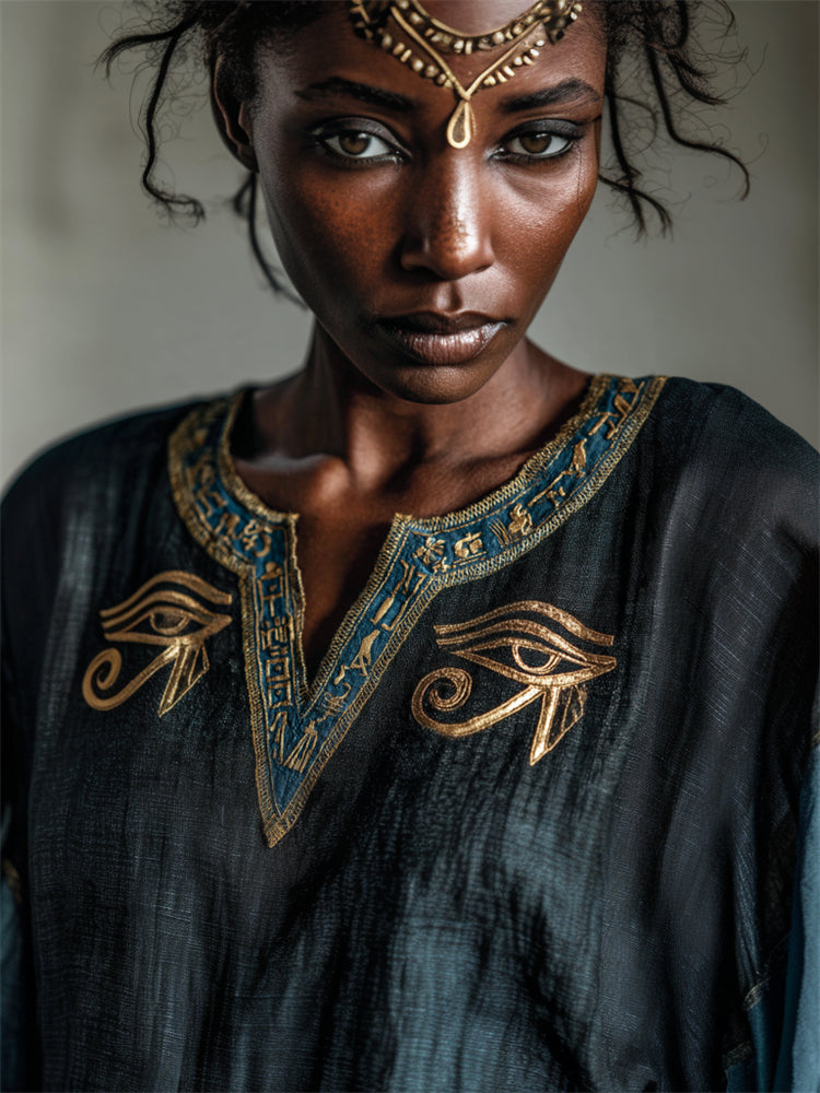 Comstylish Eye Of Horus Ancient Egyptian Embroidered Contrast Linen Tunic