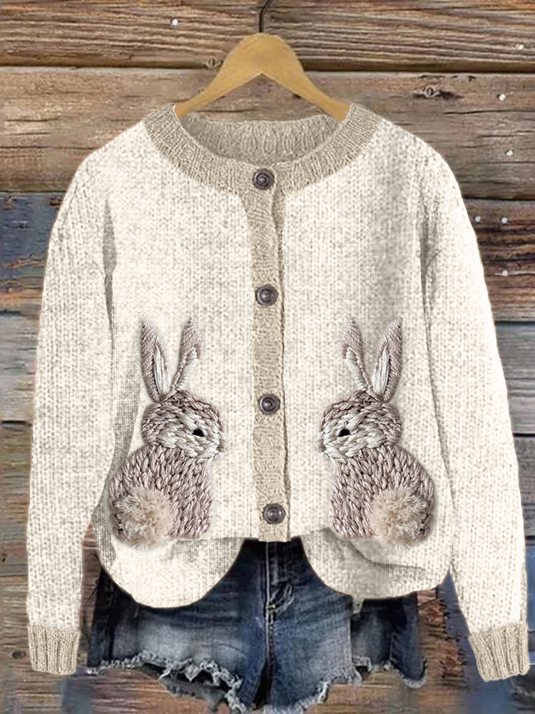 Cute Bunny Embroidery Art Cozy Knit Cardigan artswardrobe