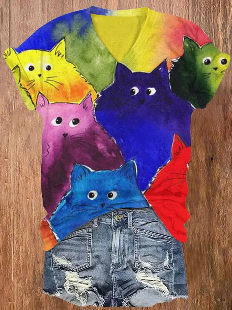 Comstylish Watercolor Rainbow Cats Print V-neck T-shirt