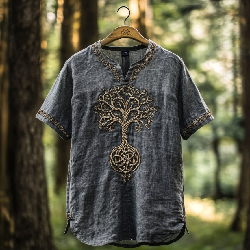 Men's Viking Tree Of Life Embroidery Linen Shirt artswardrobe