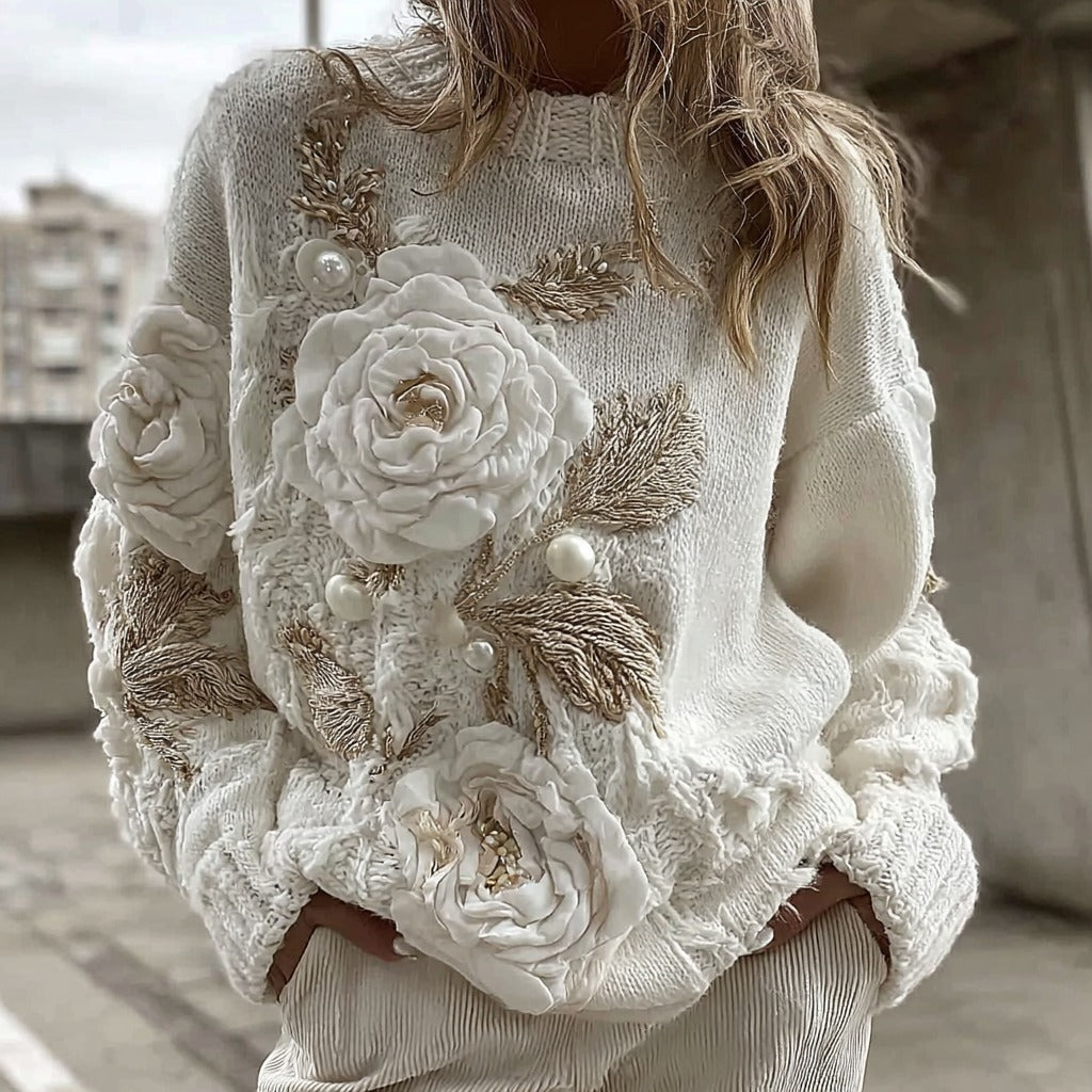 Women's Vintage White Rose Chunky Knit Turtleneck Sweater artswardrobe