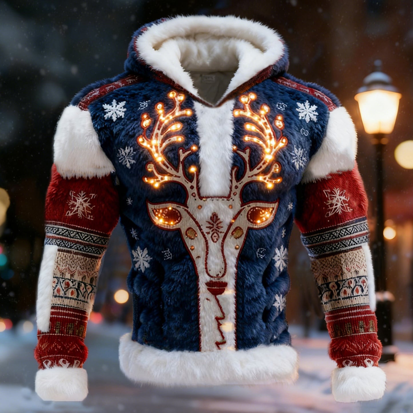 Comstylish Men's Christmas Reindeer Color Block Ugly Hooded Sweater