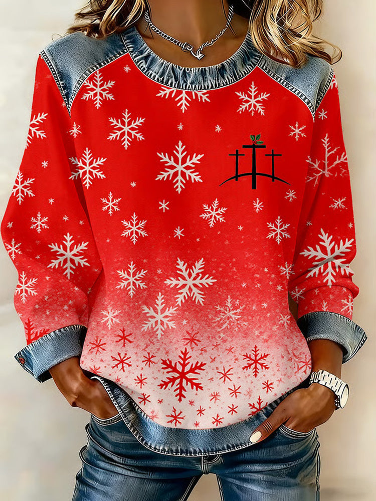 Comstylish Women's Christmas Faith Print Crew Neck Long Sleeve Top