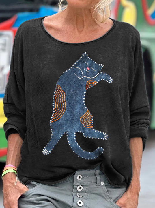 Women's Cute Cat Patchwork Art Long Sleeve T-shirt elevenforest