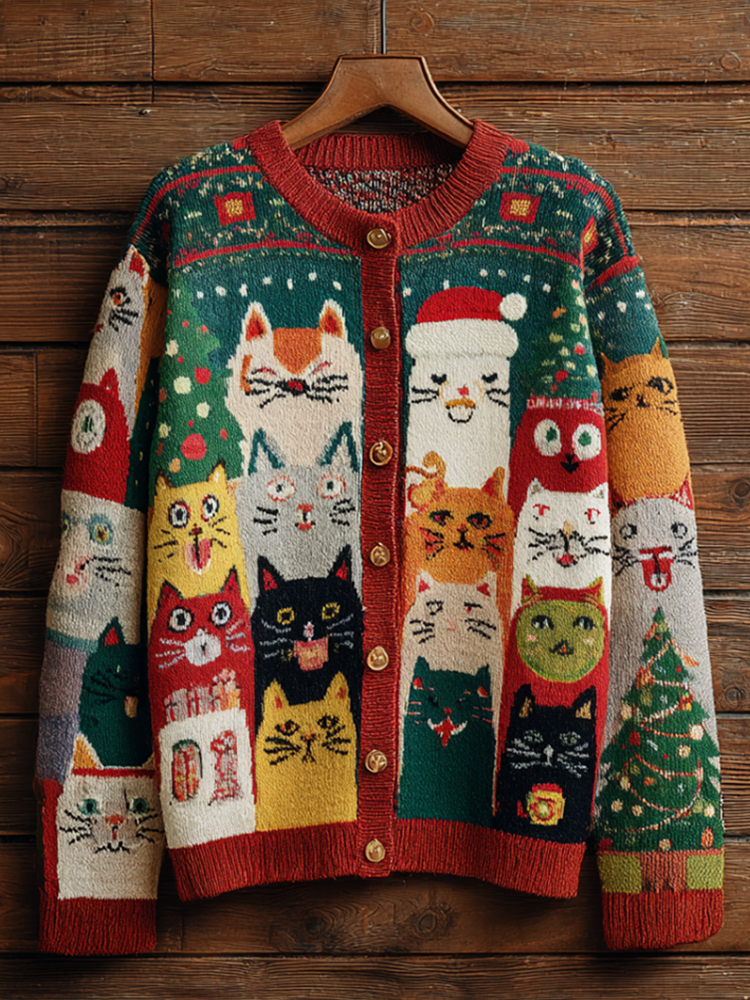 Comstylish Christmas Fun Cat Lady Round Neck Knitted Sweater Coat