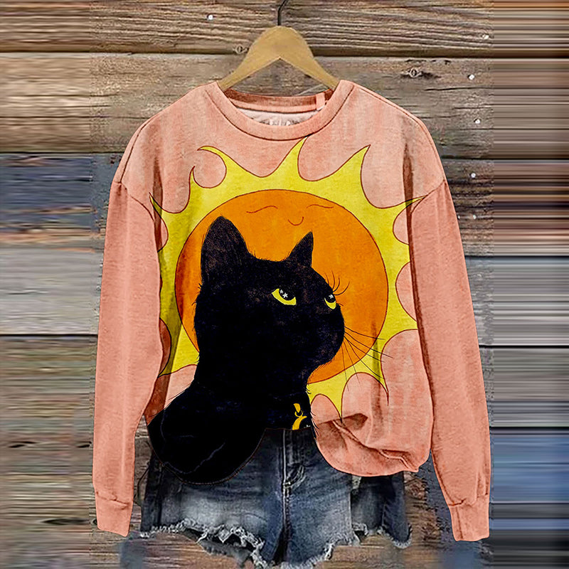 Cat Print Round Neck Casual Sweatshirt elevenforest