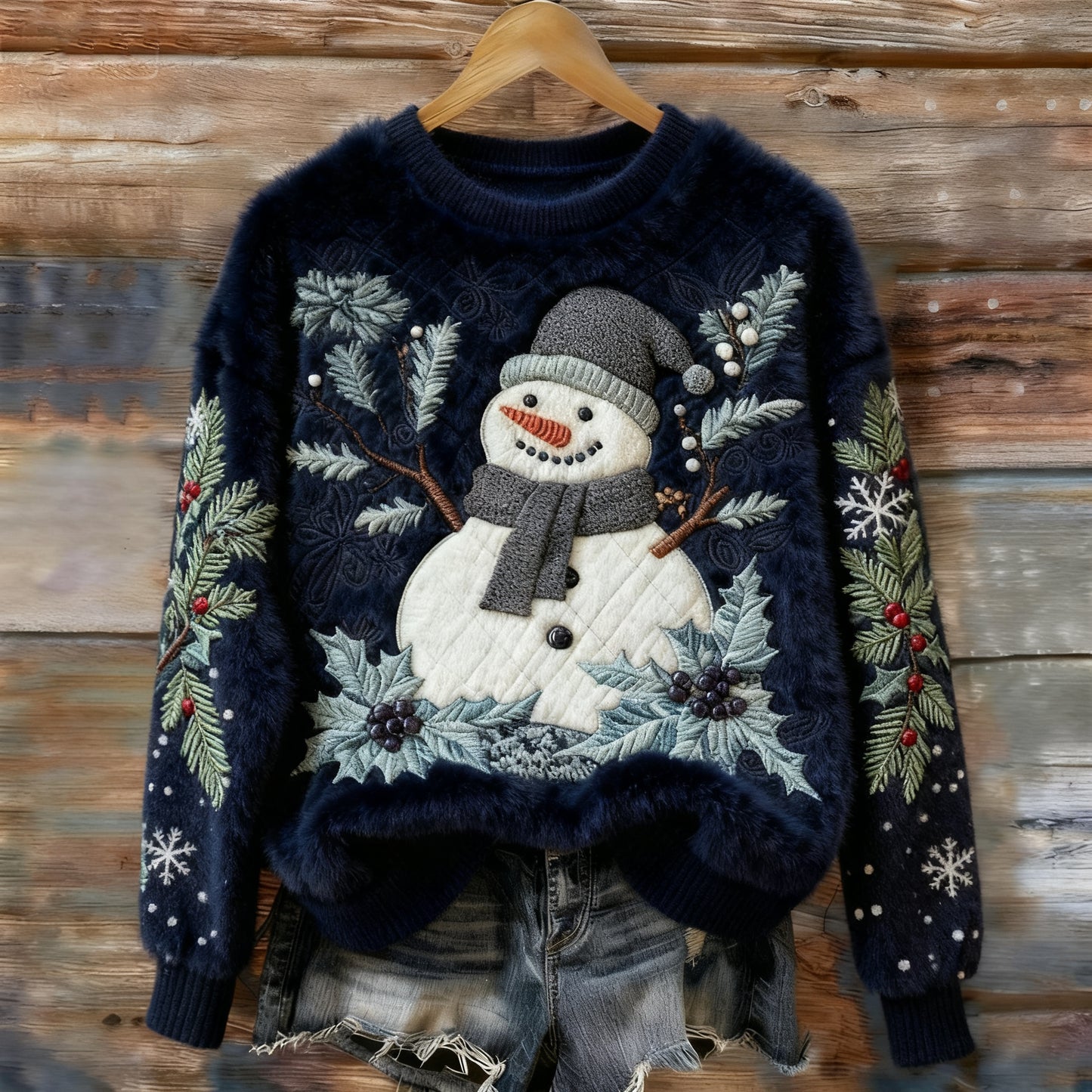 Women's Vintage Christmas Snowmen Holly Leaf Art Cozy Plush Sweater
