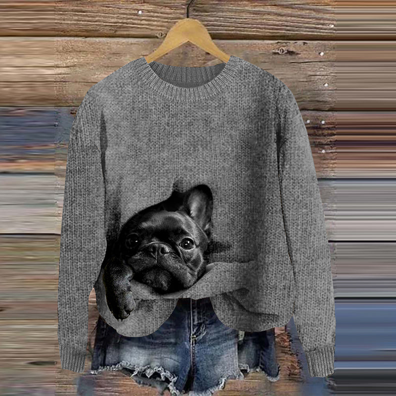 Comstylish Cute Lazy French Bulldog Wool Felt Art Cozy Knit Sweater