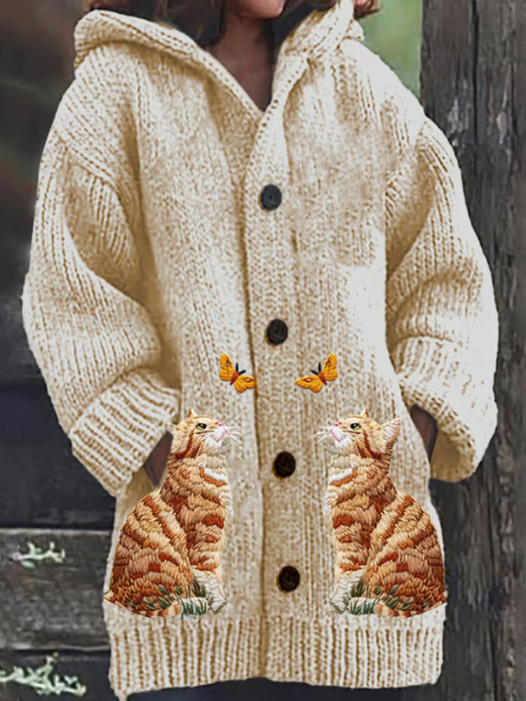 Women's Cute Cat Butterfly Print Loose Casual Sweater Hooded Jacket elevenforest
