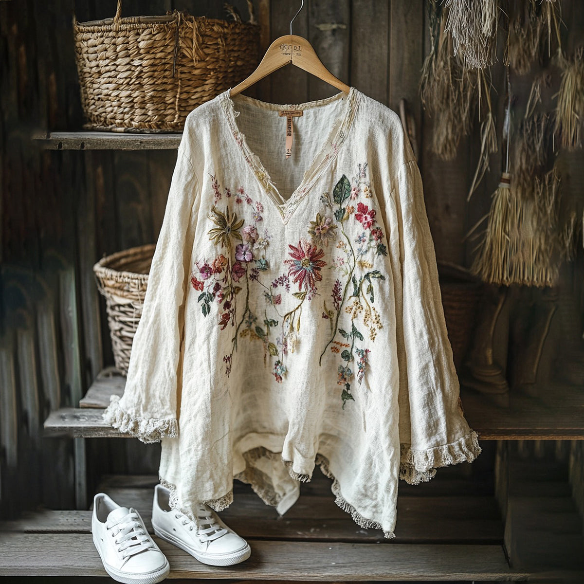 Vintage Floral Embroidery Art Graphics Linen Blend V-neck Tunic artswardrobe