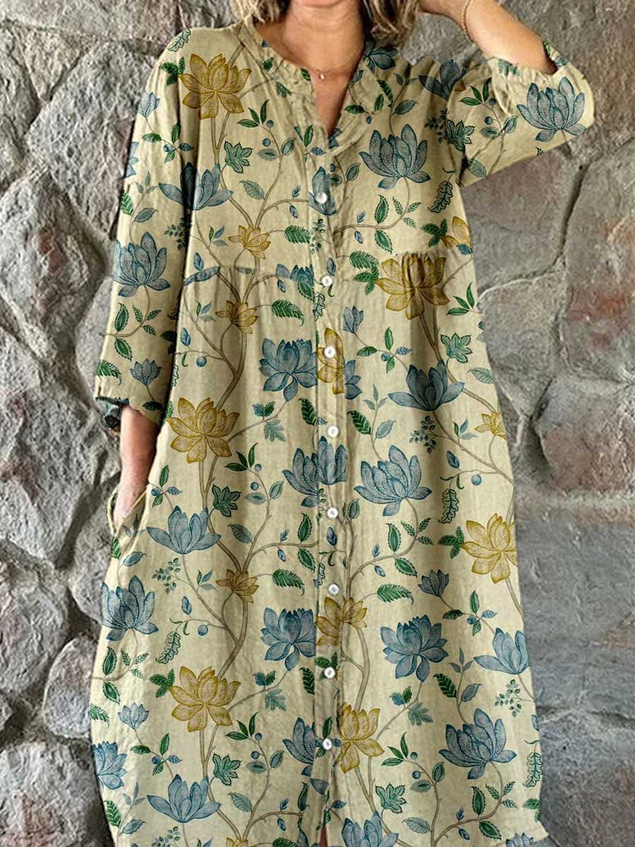 Women's Elegant Floral Pattern Shirt Style Cotton and Linen Dress