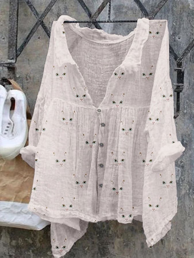 Women's Cute Cat Face Print Shirt