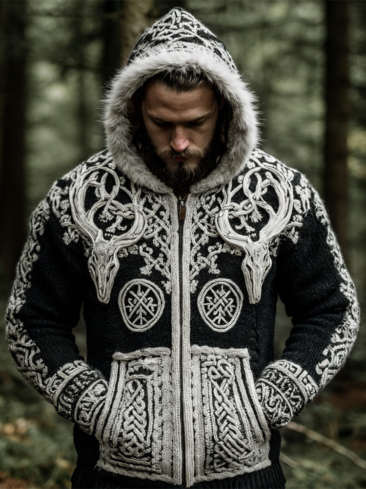 Viking Deer Head & Celtic Knot Men's Knit Hooded Cardigan elevenforest