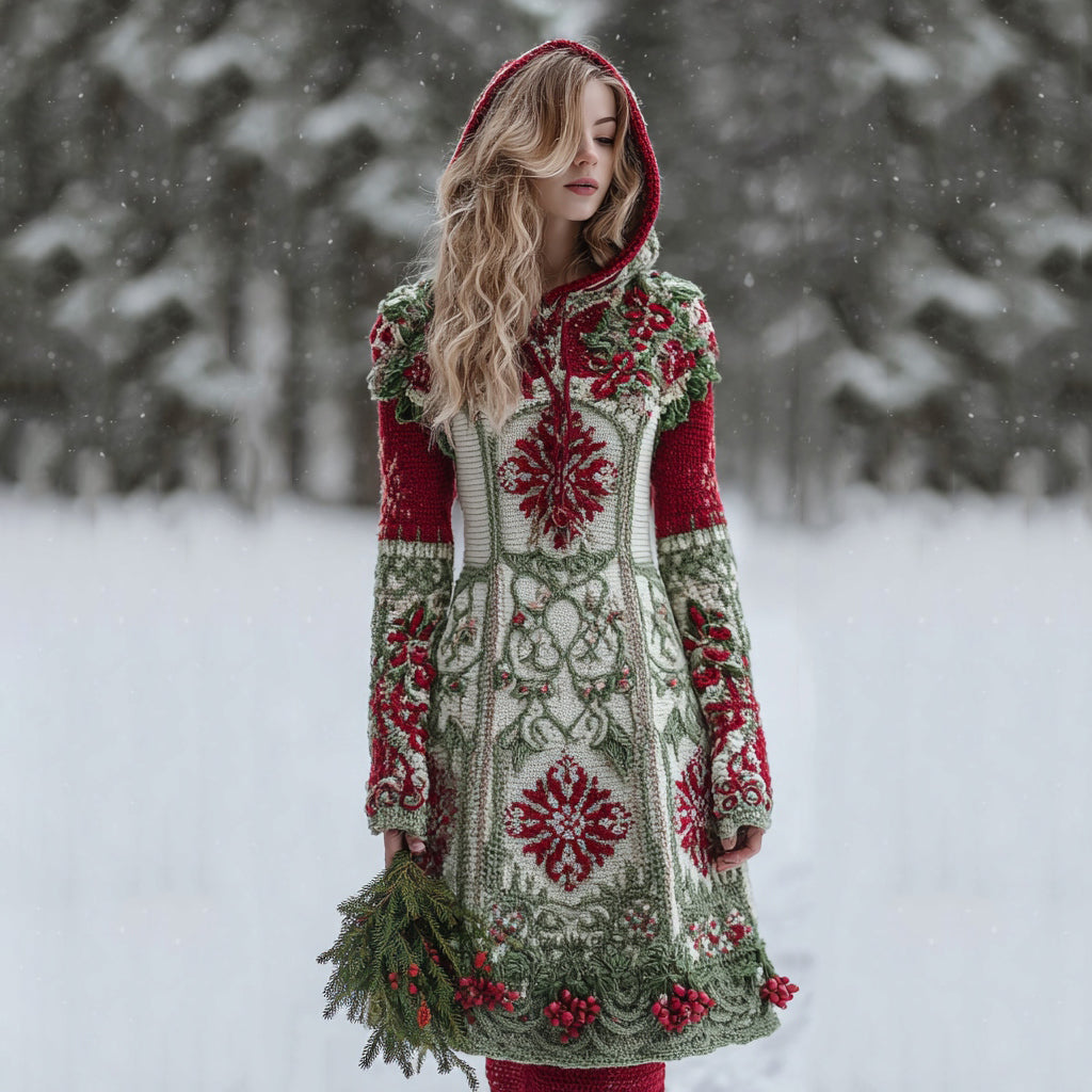 Women's Celtic Knot Christmas Flower Jacquard Chunky Hooded Midi Dress artswardrobe