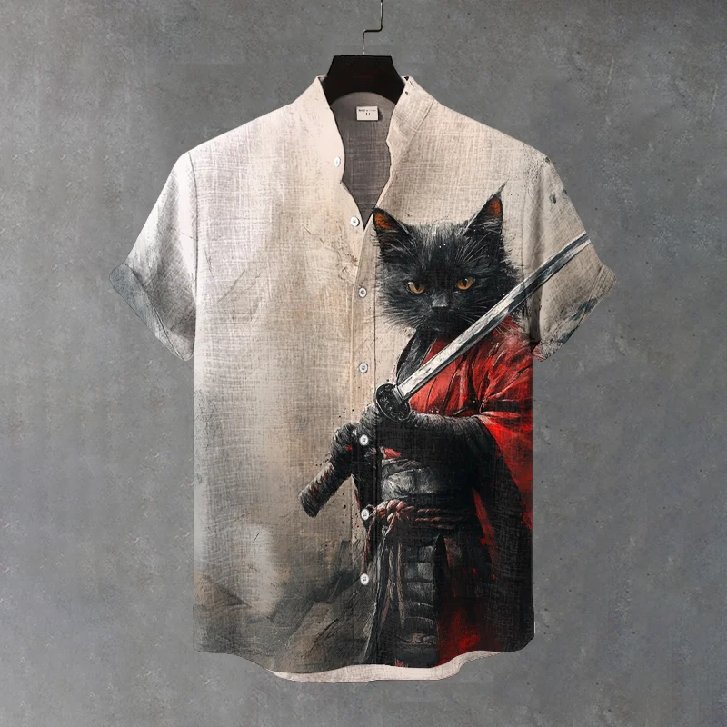 Men's Black Cat Samurai Ink Art Linen Blend Cozy Shirt elevenforest