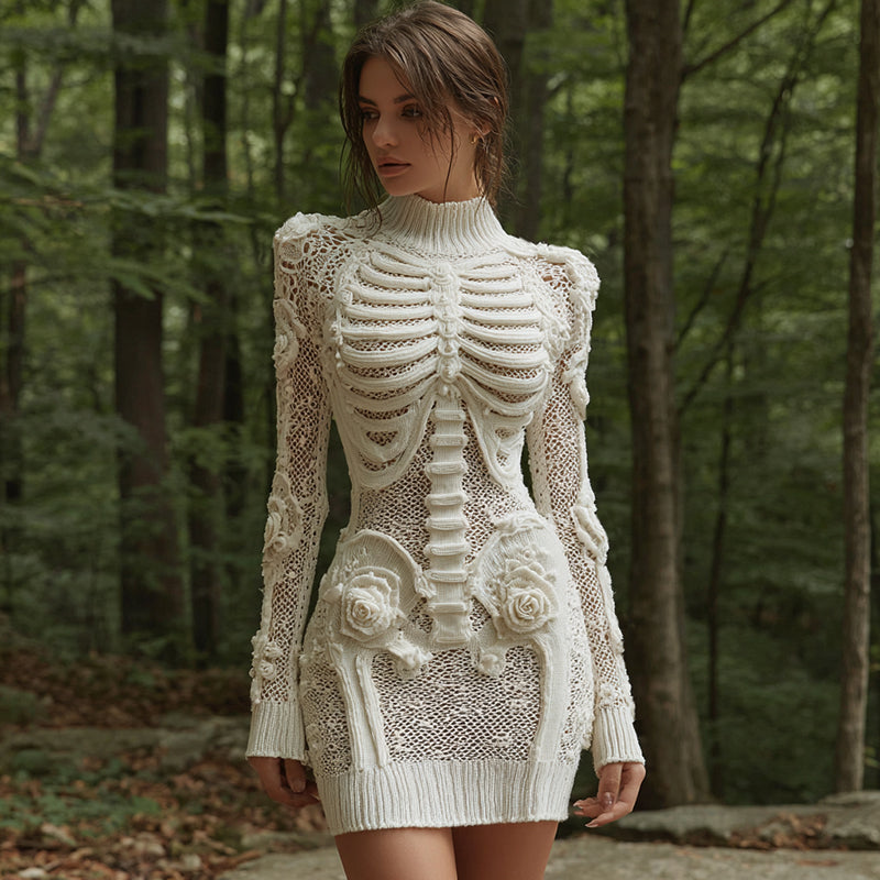 Women's Vintage Halloween Skeleton Bones Comfortable Elegant Sweater Dress artswardrobe