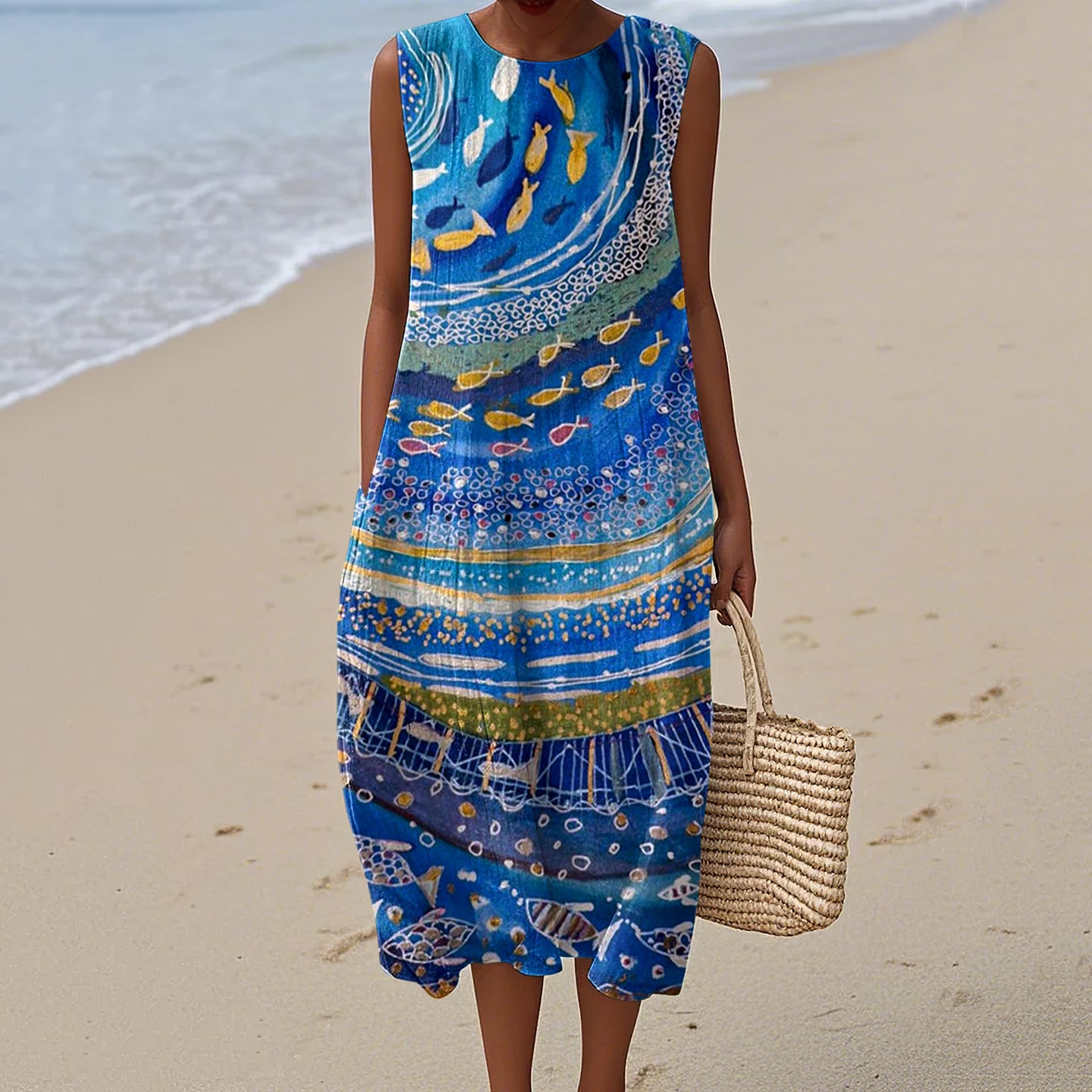 Women's Vintage Abstract Fish Art Print Cotton And Linen Dress artswardrobe