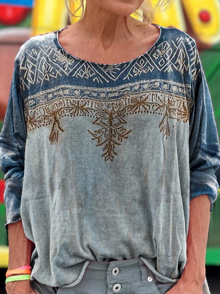 Vintage Ethnic Pattern Art Print Casual Long Sleeve T-Shirt