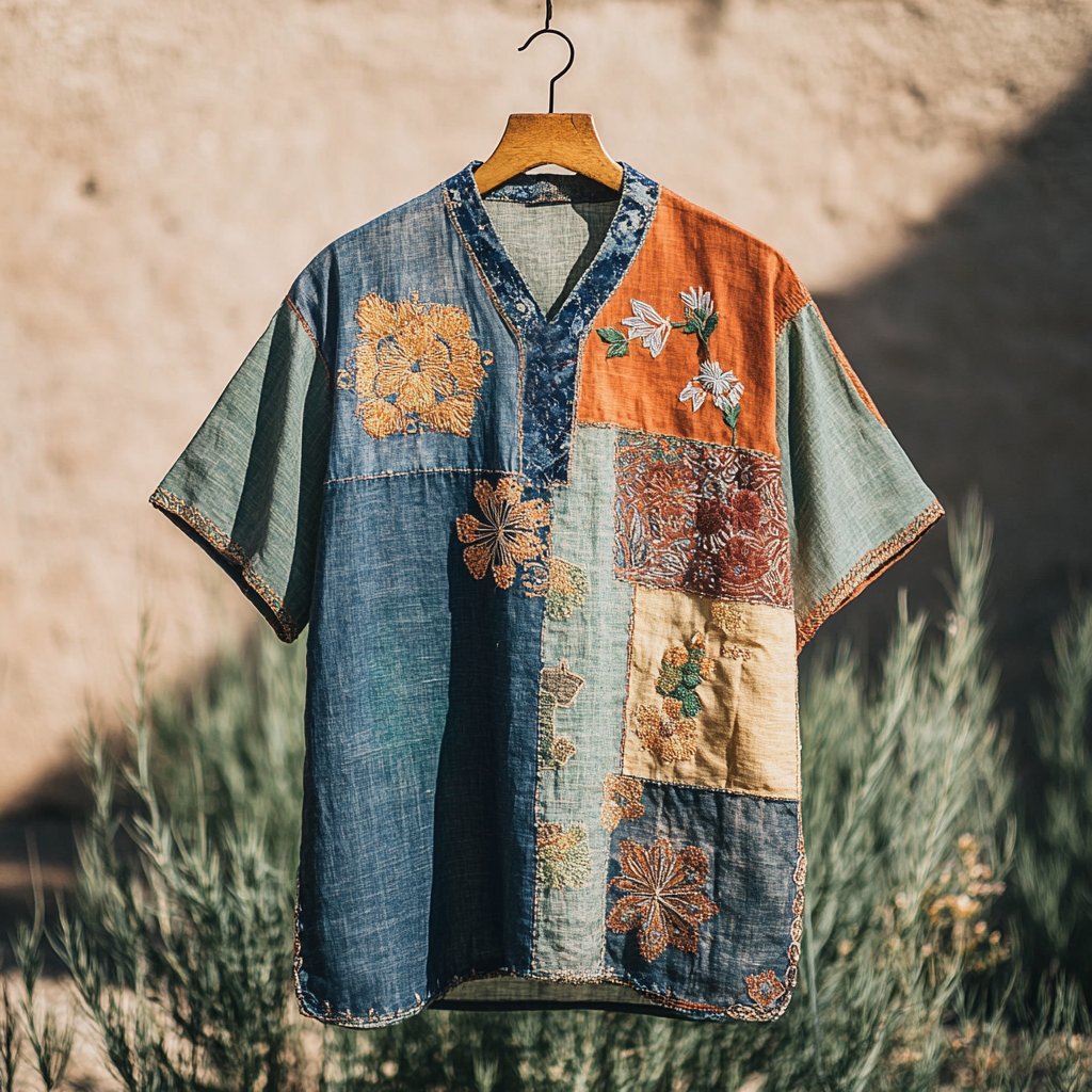Men's Contrast Colors Patchwork Sun Linen T-shirt artswardrobe