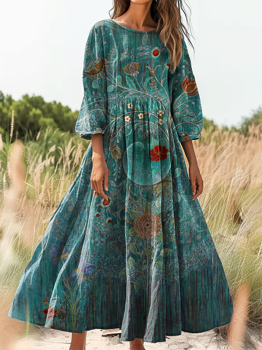 Women's Vintage Floral Art Print Flowy Cotton Crew Neck Dress