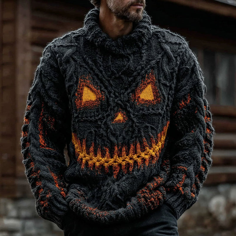 Halloween Evil Pumpkin Emoji Men's Chunky Knit Turtleneck Sweater elevenforest